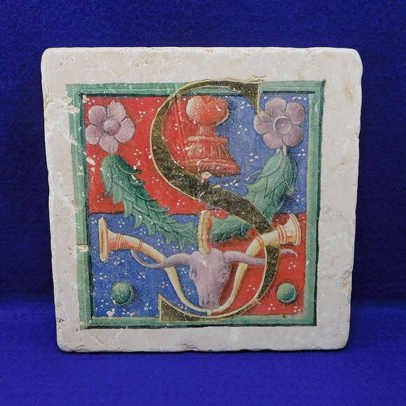 Illuminated Manuscript Design Tile Trivet Studio Vertu Trivet "S" Monogram 8" - Picture 1 of 8